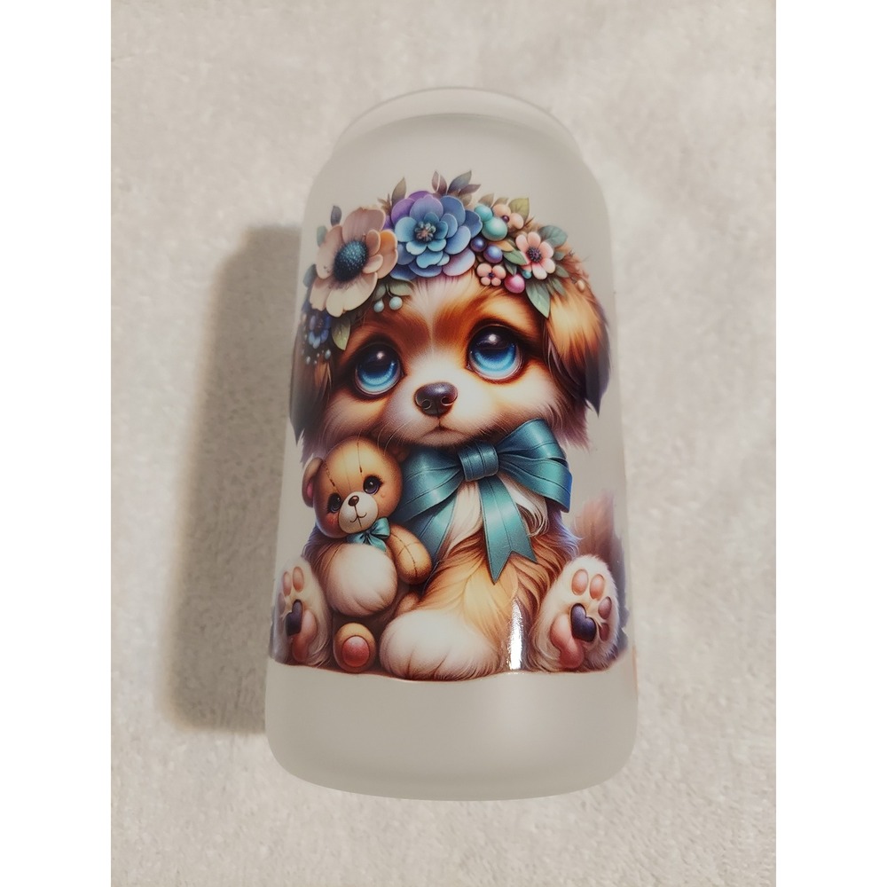 Puppy Dog‎ with Teddy Bear Frosted Glass Tumbler Cup with Lid & Straw